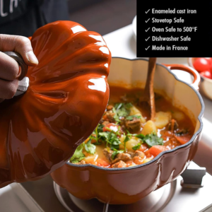 Special Halloween Pumpkin Cast Iron Dutch Oven 4QT (3.7L) Enameled Cocotte with Lid, Pumpkin Shape Cooking Pot for Soup, Stew, Bread & Casseroles, Serves 3–5 - Image 2