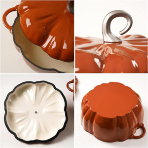 Special Halloween Pumpkin Cast Iron Dutch Oven 4QT (3.7L) Enameled Cocotte with Lid, Pumpkin Shape Cooking Pot for Soup, Stew, Bread & Casseroles, Serves 3–5 - Image 4